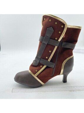 Womens Buckle Strap Kitten Heel Booties Pointed Toe Zipper Ankle Boots Brown